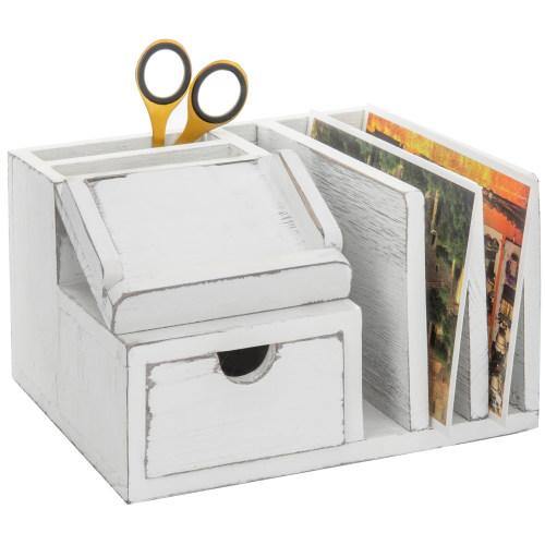 Vintage White Wood Desk Organizer with Memo Pad Holder