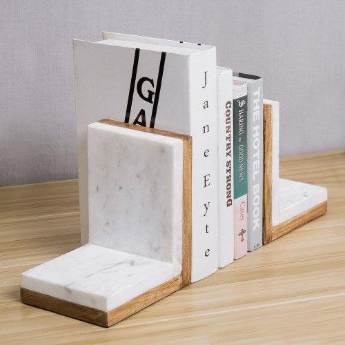 Premium White Marble & Mango Wood Bookends, Set of 2