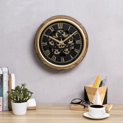Burnt Wood & Brass Tone Wall Clock with Exposed Mechanical Gears - MyGift