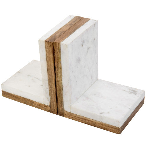 Premium White Marble & Mango Wood Bookends, Set of 2-MyGift