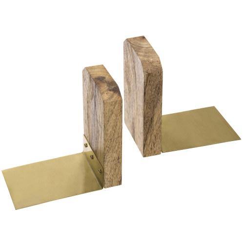 Brass Metal and Natural Mango Solid Wood Bookends - MyGift