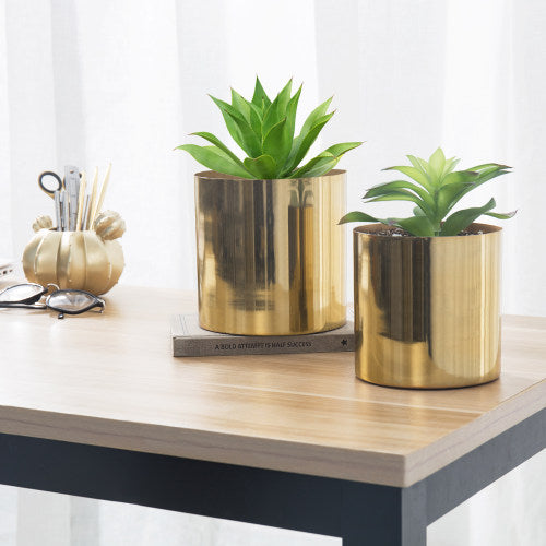 Cylindrical Brass-Tone Metal Vases, Set of 2