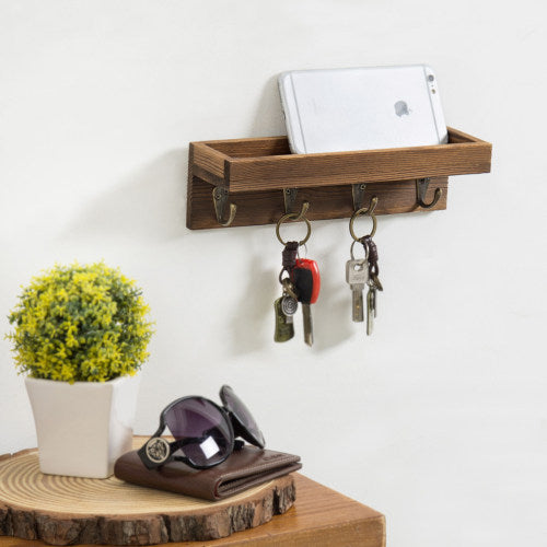 Short Dark Brown Wood Entryway Shelf w/ 4 Hooks