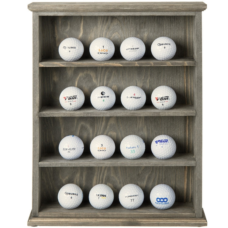 4-Tier Gray Wood Wall Mounted or Tabletop Golf Ball Display Case, Ball Holder Shelf Rack-MyGift