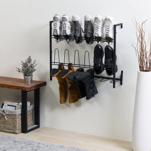 Wall Mounted Black Metal Wire 9-Pair Boot & Shoe Rack