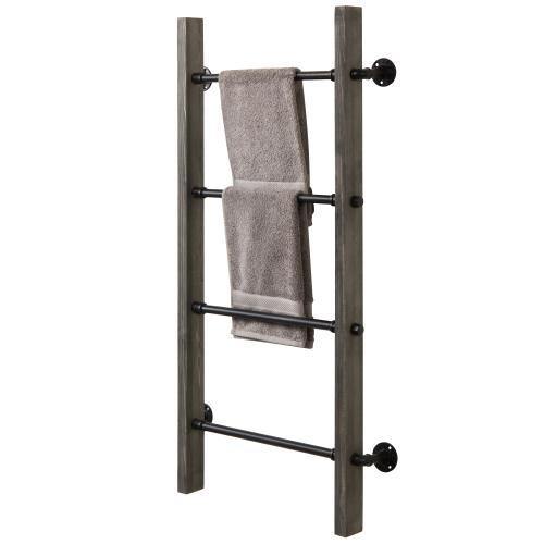 Gray Wood & Industrial Metal Pipe Wall Mounted Towel Ladder Rack - MyGift