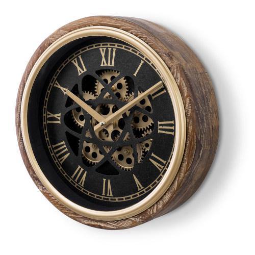 Burnt Wood & Brass Tone Wall Clock with Exposed Mechanical Gears