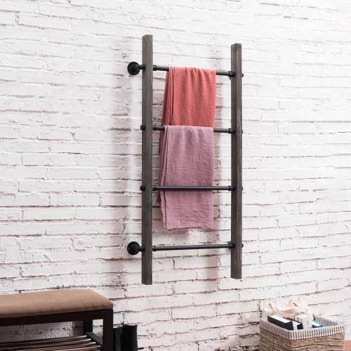 Gray Wood & Industrial Metal Pipe Wall Mounted Towel Ladder Rack - MyGift