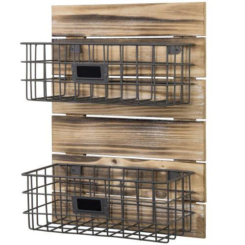 Rustic Wood & Metal Wire Wall-Mounted Basket Rack w/ Label Holders - MyGift