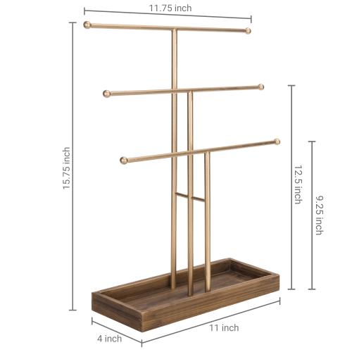 Gold Metal Jewelry Display Stand w/ Wooden Ring Tray-MyGift