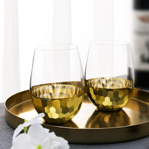 Brass-Tone Hammered Design Stemless Wine Glasses, Set of 4