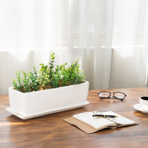 White Unglazed Rectangular Ceramic Planter-MyGift