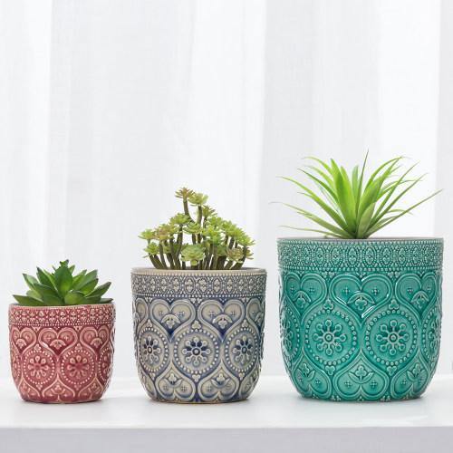Multicolored Round Embossed Design Ceramic Flower Pots, Set of 3