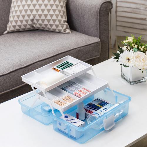 MyGift Transparent Blue Plastic Multipurpose Storage Box w/Handle & Expandable Trays