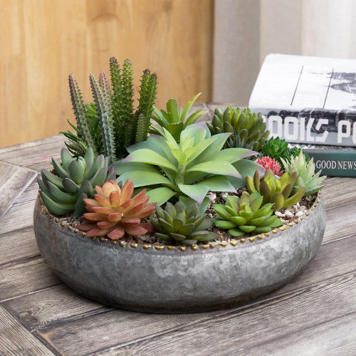 Galvanized Silver Metal Planter Bowl w/ Brass-Tone Pebbled Rim-MyGift