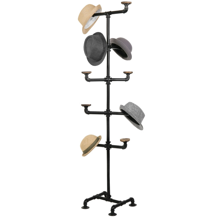 10-Hook Industrial Black Metal Pipe & Wood Hat Tree Stand