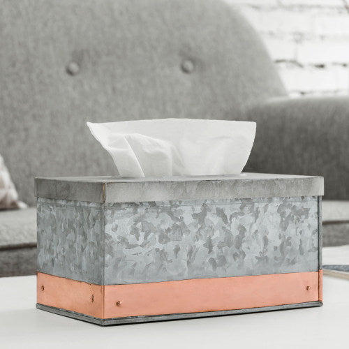 Silver Galvanized Metal Tissue Box with Decorative Copper Strip