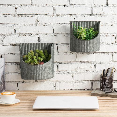 Rustic Silver Galvanized Metal Wall Mounted Planter, Set of 2