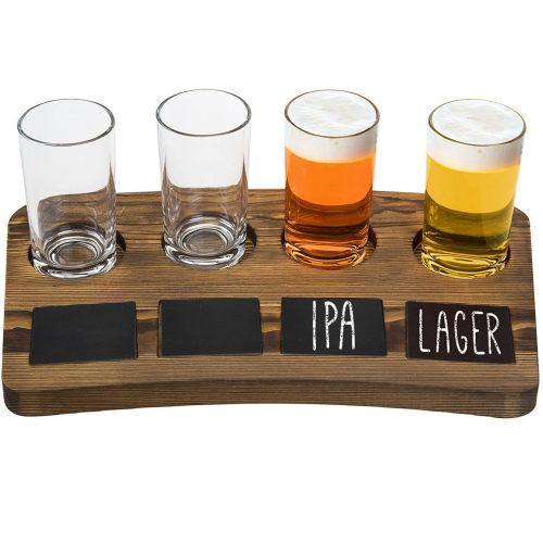 Dark Brown Wood Beer Flight Tray with Chalkboard Labels - MyGift