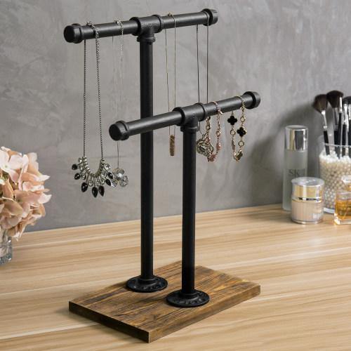 Industrial Pipe & Brown Wood T-Bar Necklace Jewelry Stand