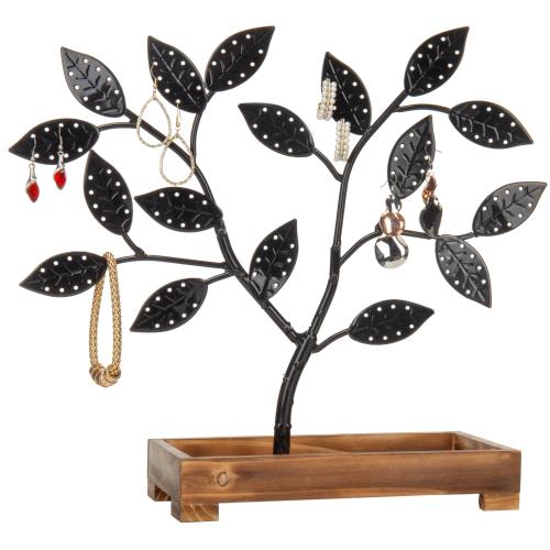 Black Metal Jewelry Tree with Wooden Trinket Tray-MyGift