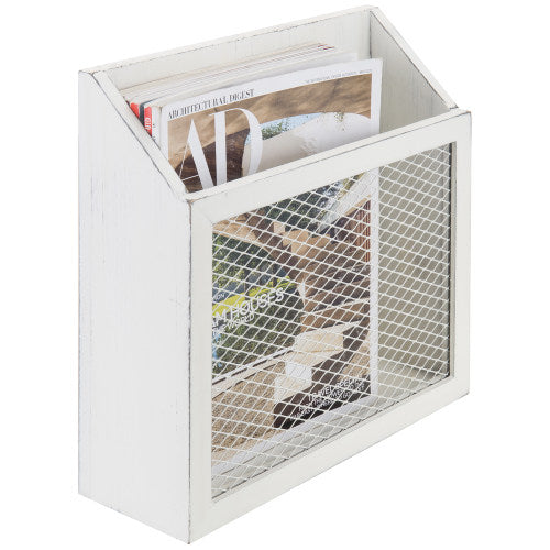 Vintage White Wood & Chicken Wire Magazine Holder-MyGift