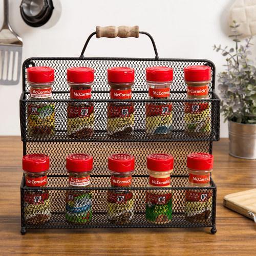 Black Metal Mesh Spice Rack with Rustic Wood Handle