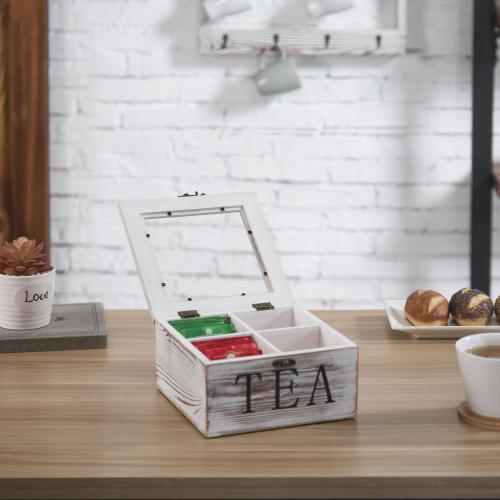 Whitewashed Wood Tea Box with Clear Lid-MyGift