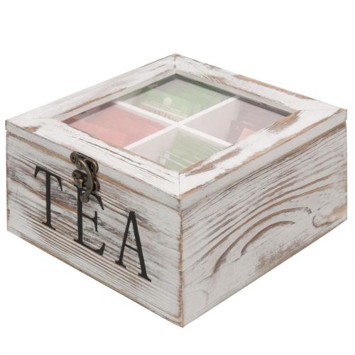 Whitewashed Wood Tea Box with Clear Lid-MyGift