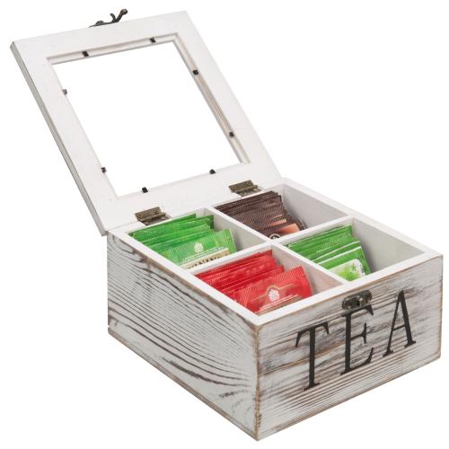 Whitewashed Wood Tea Box with Clear Lid-MyGift