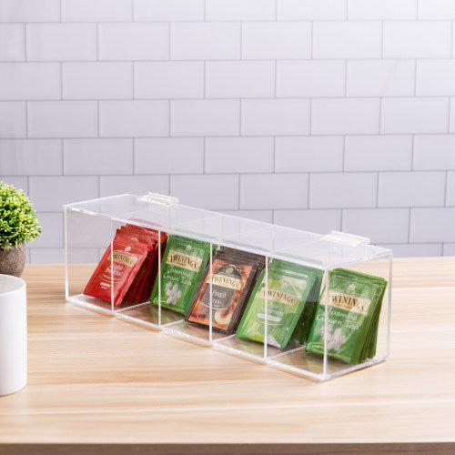 5-Compartment Clear Acrylic Tea Organizer w/ Hinged Lid