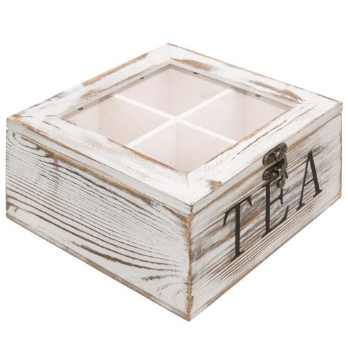 Whitewashed Wood Tea Box with Clear Lid-MyGift