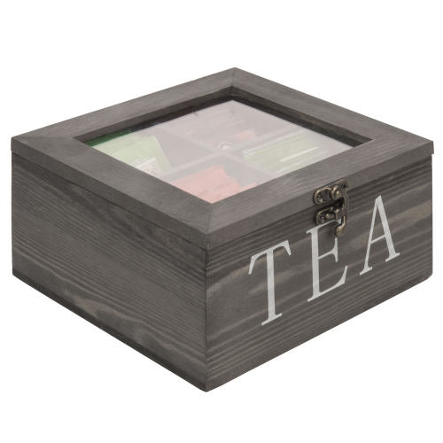 Rustic Gray Wood Tea Storage Box with Clear Lid-MyGift