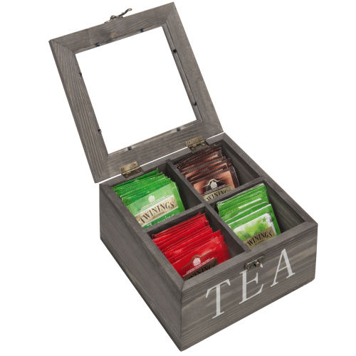 Rustic Gray Wood Tea Storage Box with Clear Lid-MyGift