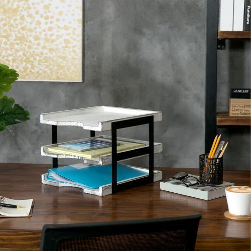 Vintage White Wood & Black Metal File & Document Tray