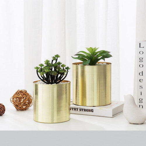 large vases for indoor plants Flower Vase Brass Tone Brushed Metal Tapered Cylindrical Planter, Set of 2