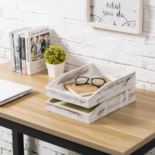 Whitewashed Stacking Wood Document & Paper Trays, Set of 2