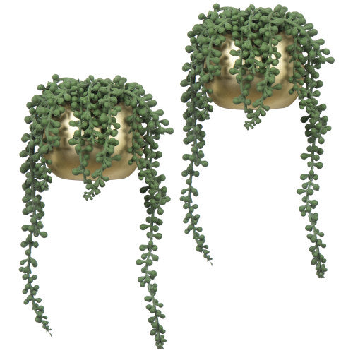 Wall-Mounted Artificial String of Pearls in Brass Ceramic Planters, Set of 2-MyGift