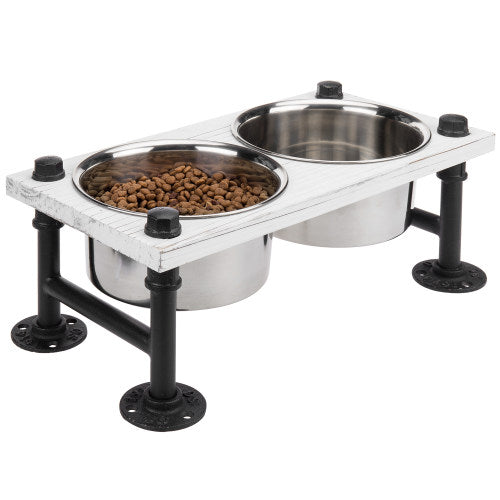 Industrial Style White Wood and Metal Double Dog Feeder w/ Stand