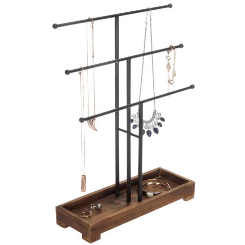 Black Metal Jewelry Stand w/ Brown Wood Ring Tray-MyGift