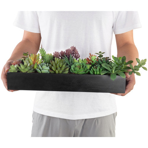 Artificial Succulent Plants in Modern Black Wood Planter-MyGift