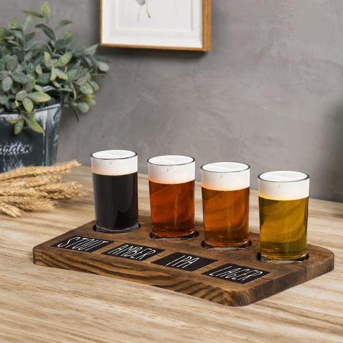 Dark Brown Wood Beer Flight Tray with Chalkboard Labels