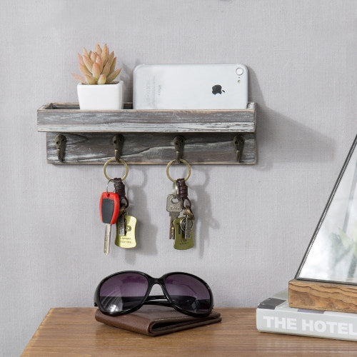 Rustic Torched Wood Entryway Shelf with 4 Vintage Key Hooks