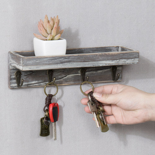 Rustic Torched Wood Entryway Shelf with 4 Vintage Key Hooks-MyGift