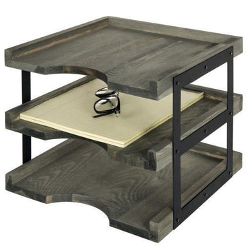 Vintage Gray Wood & Black Metal File & Document Organizer