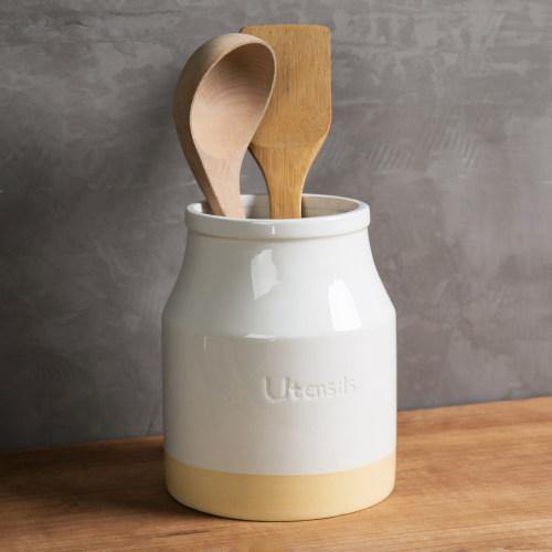 White & Brown Ceramic Kitchen Utensils Crock Holder