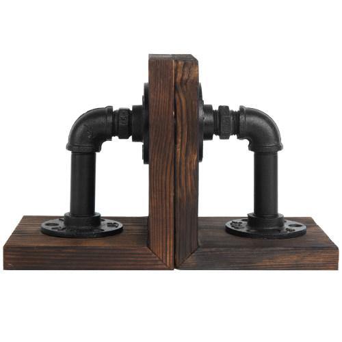 Dark Brown Pipe & Wood Bookends, Set of 2 - MyGift