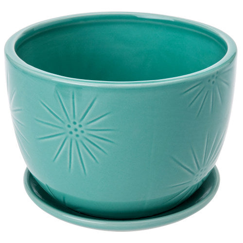 Aqua Blue Sunburst Ceramic Pot w/ Saucer-MyGift