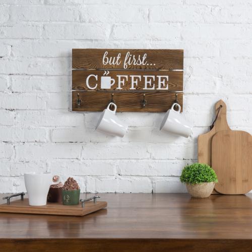 Rustic Dark Brown Wood But First Coffee Sign and Mug Holder