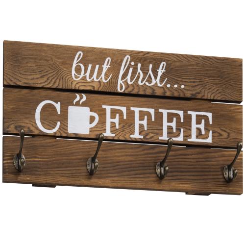 Rustic Dark Brown Wood But First Coffee Sign and Mug Holder-MyGift
